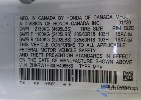 2020 Honda Cr-V 2Wd Ex-L z USA, uszkodzony, nr VIN 2HKRW1H80LH406566